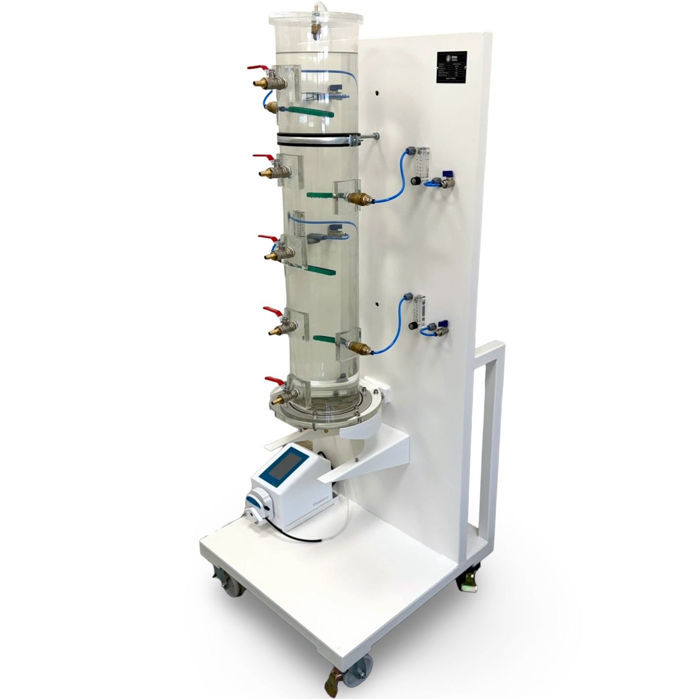 Side view of the ÜNAL heap leaching simulation column with transparent PMMA body, sampling valves and aeration system